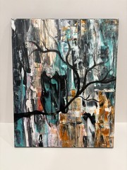 LH Original Abstract Owl in a tree – Acrylic Painting on Canvas Blind Artist
