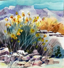 5.25”x6” Pamela Wilhelm Original Watercolor Desert Bloom Rocks Buildings Mesas