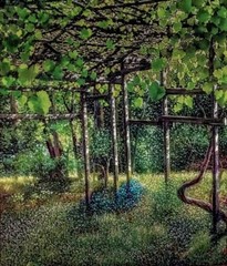 This 30 x 24-inch oil on canvas painting underneath a sunny & shady grape arbor