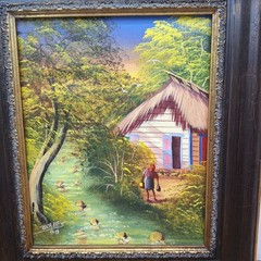 Original Framed Canvas Painting Village Landscape Scene Artist Signed 08