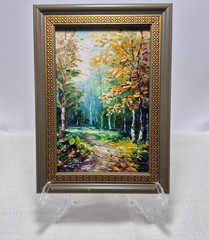 Original oil painting, signed and framed. Forest landscape with a road.4×6 inc