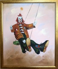 Oil Painting Clown on Swing Signed L. Angeli Colorful Figurative Art Circus