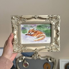 Sleeping Fox Original Painting Small Framed Wildlife Animal SIGNED Ornate Frame
