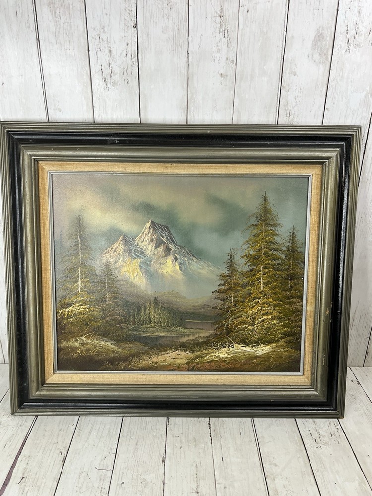 Mountain View with Pine Trees Vintage Oil Painting on Canvis Signed and Framed