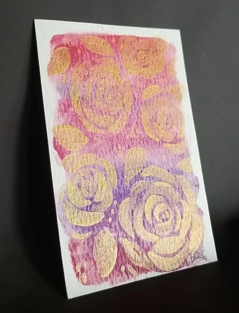 Original Handpainted Watercolor Golden Roses On Warm Hues ACEO
