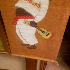 SAN ANTONIO TEXAS ARTIST ADRIEL SQUEAKY MCGILL 16″X 36″ FIESTA BOY GUITAR BURLAP