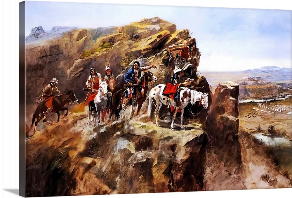 Canvas Wrap Giclee Art Indians on a Bluff Surveying the General C. Russell 16×24