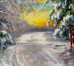 Snowy Road & Pine Trees under Sunny Horizon 3 3/4″ x 5 1/2″ Painting-1930s/40s