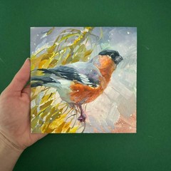 Bullfinch Bird Painting Original Small Oil Bird Artwork Bird Lover Gift 6×6
