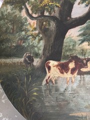 Hand Painted Wood Collector Plate Round Multicolor Cows Landscape Scene