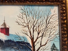 10 x 10 Framed Acrylic Painting on Canvas…..“Winter Barn with Two Pine Trees“