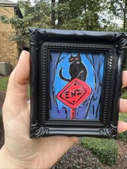 Black Cat,creepy ,Halloween ,cute,original,miniature Painting,small,mini,framed