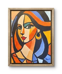 Cubist Portrait Painting Woman with Green Eyes Geometric Modern Art 11×14 Canvas