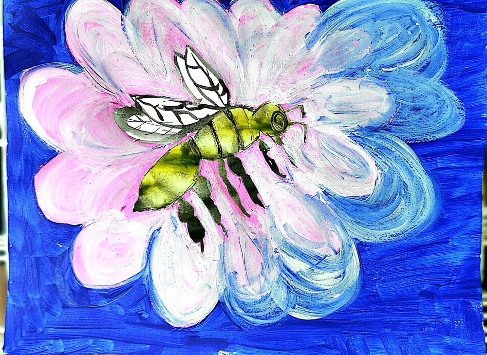 Watercolor Bee Acrylic Flower Contemporary Expressionist Original 9×12 Painting