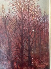 Antique Oil Painting Peasant Woman with Basket Pink Dress Foraging in the Woods