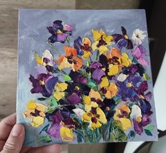 Original Oil painting Flower Impasto on Canvas Boad 20x20cm Pansies Art Signed