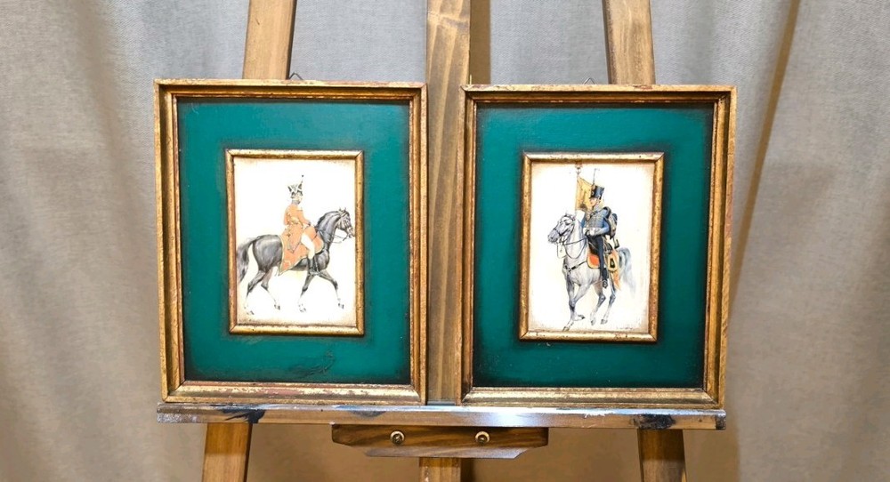 Pair of Antique Hussar Paintings on Horseback – 22 × 26 cm Each