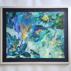 Original Abstract Fluid Art Painting Acrylic Pour Blue Green Gold 30×36 Framed