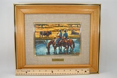 Francisco Sanchez Manso Mini Oil Painting Young Fishermen on Horses with Bulls