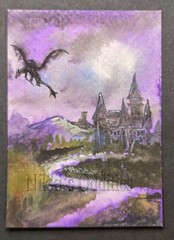 Aceo Original Watercolor art card Dragon Fantasy Castle landscape Nikki C