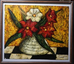Vtg J. MARQUE French Still Life Oil Painting Signed Mid Century Floral 25×21″