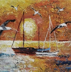 YARY DLUHOS Sunset Sea Ocean Sailboats Seagulls Summer Original Art Oil Painting