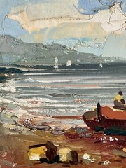 COOL ANTIQUE MID CENTURY MODERN BOAT LANDSCAPE OIL PAINTING OLD VINTAGE SEASCAPE