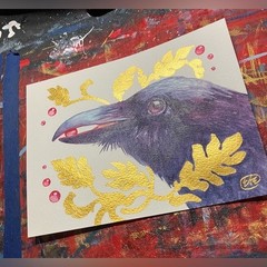 Original Raven Painting crow Bird Art Gold accents surreal nouveau Artwork USA
