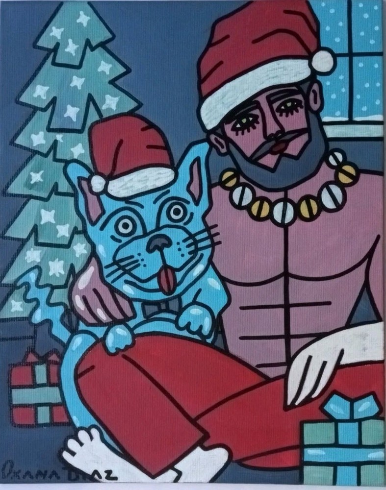 Gay Interest Christmas Muscle Man Dog Original Oil Painting Oxana Diaz 8″ x 10″