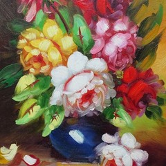 Miniature Floral Still Life Oil Painting PEONIES Signed Marin Framed 10.75×8.75