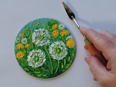 Dandelion Wildflowers Field Flowers Round Art 4×4″ Impasto Oil Painting Original