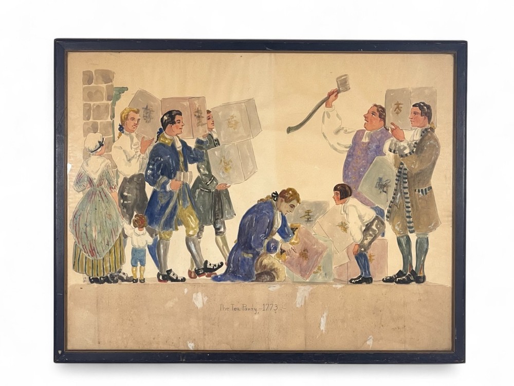Orig. Vtg Watercolor Painting „The Tea Party 1773“ Revolutionary War 1931 Framed