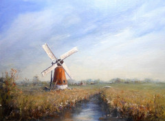 Netherlands Windmill, original 9×12 oil painting by Celene Farris. Virtual Hike