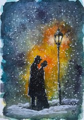 Couple in Love Painting Night Original Watercolor Art Love Small Wall Art