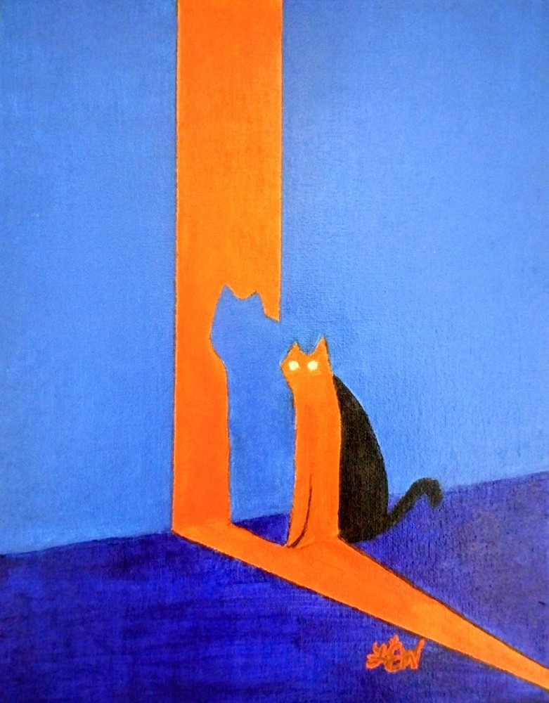 Original Signed Cat Silhouette Oil Painting, „Orange Cat In Blue“ by HEW 11×14in
