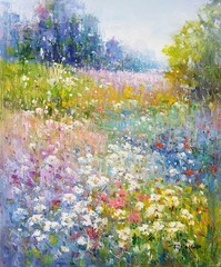 Framed Oil Painting, Elegant Spring Field, Korean Art, Signed Jean Morgan