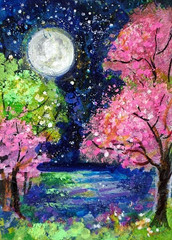 ACEO Original PAINTING Spring TREES Night Moon Flower Nature Landscape ATC ART