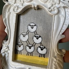 Funny Sheep Original Painting On Paper,4/5,framed,gold,miniature,small,mini,cute