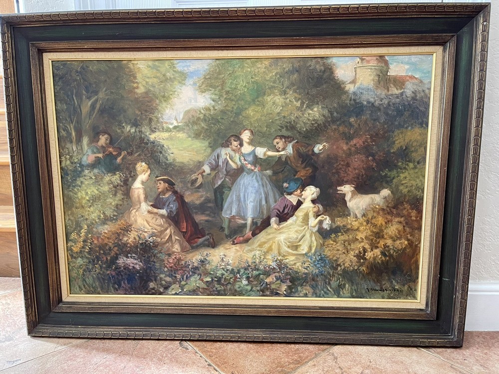 NANDOR VIDAY VIDAI BRENNER ROCOCO ROMANCE OIL PAINTING ART BLIND MAN’S BLUFF COA