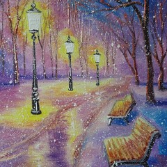 Original Oil Winter Landscape Painting Snow Park Benches Canvas Wall Art Decor