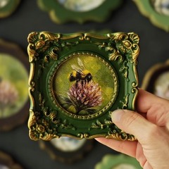 Miniature Bee Wall Art in Ornate Green Frame | Bumblebee Painting | Nature Lover