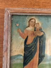 19th Century Retablo Religious Art Mexican Oil on Tin Painting Holy Family