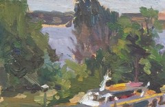 Oil painting River port Ukrainian painter Unframed Decor original landscape art