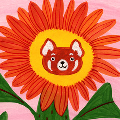 Red Panda Flower Painting, Fantasy Animal Art 8×10