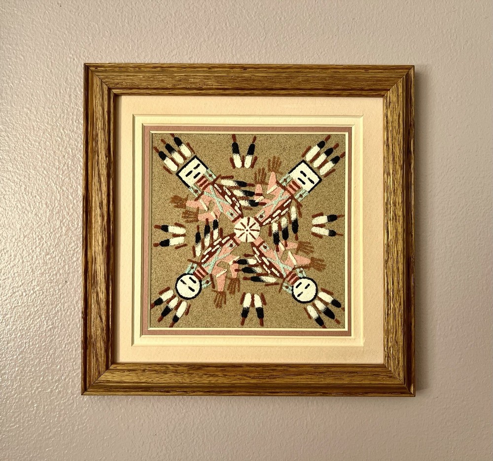 Vintage ORIGINAL Navajo Medicine Wheel Sand Art „Hunchback“ SIGNED Garcia FRAMED