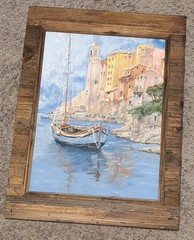 Original Framed Acrylic Painting of Boat In Water W/ A European City