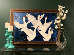 Original Oil Painting, 24×36 inches, White Geese, Blue, Large Painting, Birds
