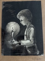 Vintage Watercolor Pencil Signed Young Boy Candlelight Signed H Tischer