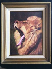 LION OIL PAINTING FRAMED REALISM MYSTERY ARTIST YAWNING LION WITH TONGUE