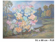 35 13/16×26 13/16in painting oil Vintage landscape Blossom lake Trees Woodland